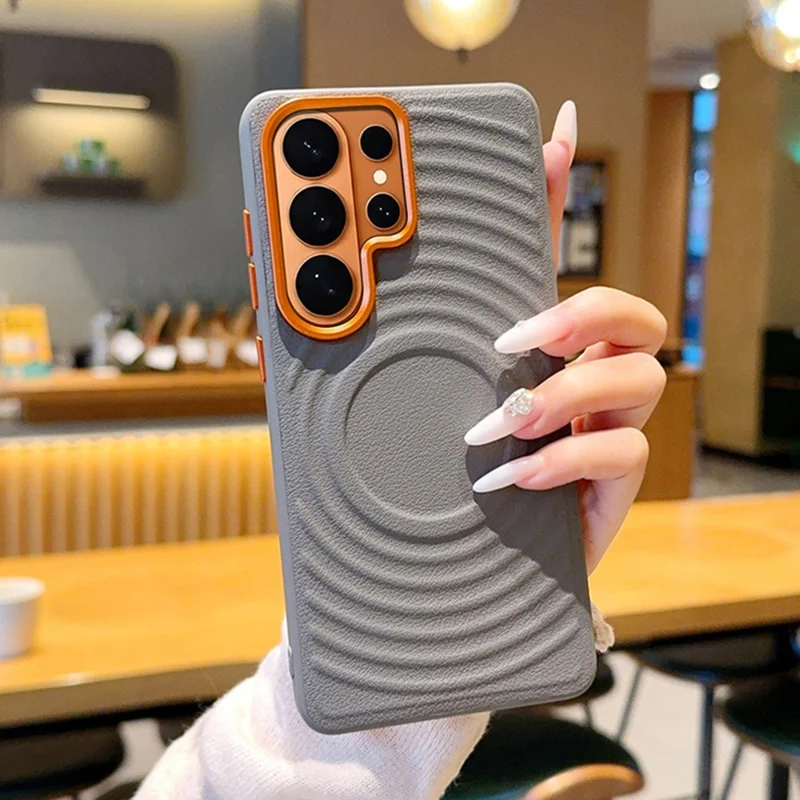 For Samsung Galaxy S26 Magnetic Case Wave Texture PU Leather Coated PC + TPU Phone Cover - Grey