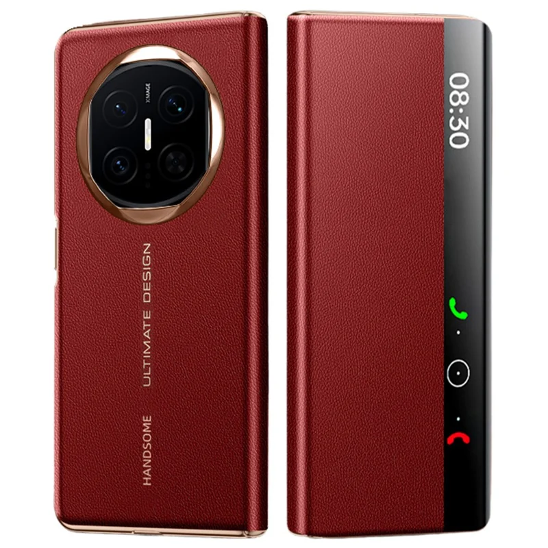 For Huawei Mate X7 Case Litchi Texture Leather Smart View Flip Phone Cover Full Protection Auto Sleep Wake - Red