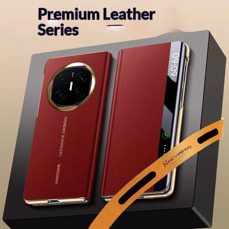 For Huawei Mate X7 Case Litchi Texture Leather Smart View Flip Phone Cover Full Protection Auto Sleep Wake - Red