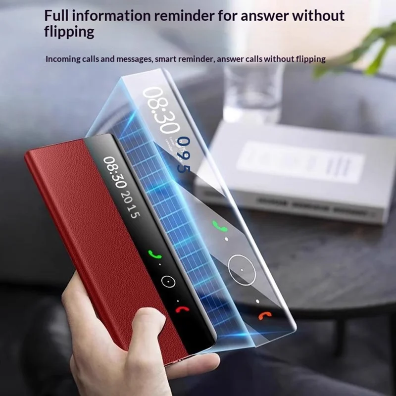 For Huawei Mate X7 Case Litchi Texture Leather Smart View Flip Phone Cover Full Protection Auto Sleep Wake - Red