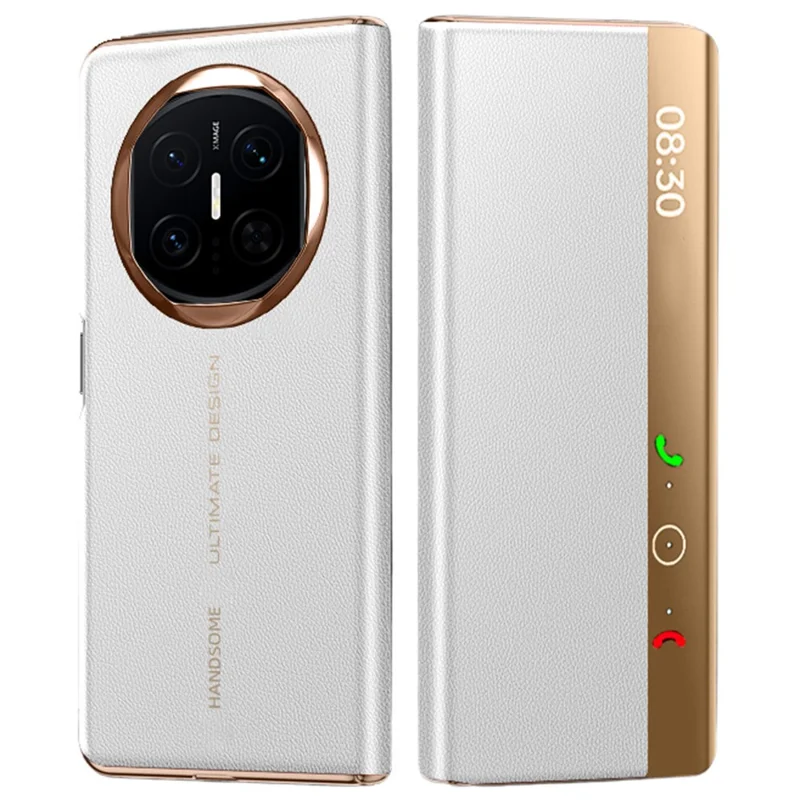For Huawei Mate X7 Case Litchi Texture Leather Smart View Flip Phone Cover Full Protection Auto Sleep Wake - White / Gold
