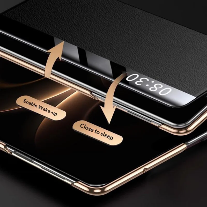 For Huawei Mate X7 Case Litchi Texture Leather Smart View Flip Phone Cover Full Protection Auto Sleep Wake - White / Gold