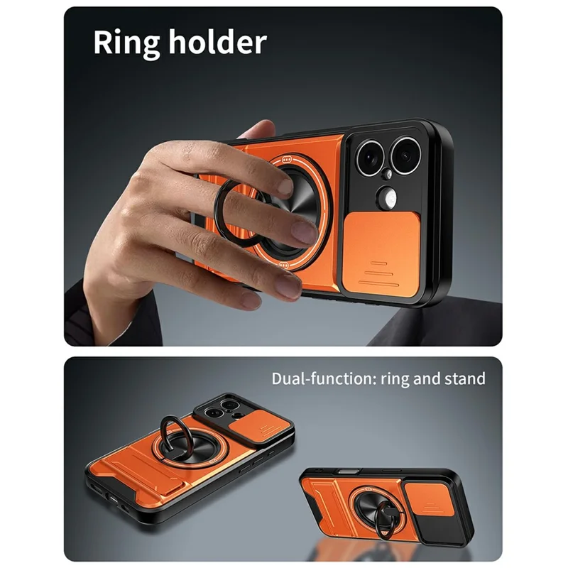 For iPhone 17 Case Compatible with MagSafe Ring Holder Foldable Kickstand TPU PC Phone Cover with Camera Lens Slider - Orange