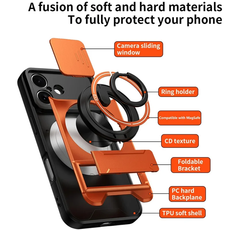 For iPhone 17 Case Compatible with MagSafe Ring Holder Foldable Kickstand TPU PC Phone Cover with Camera Lens Slider - Orange