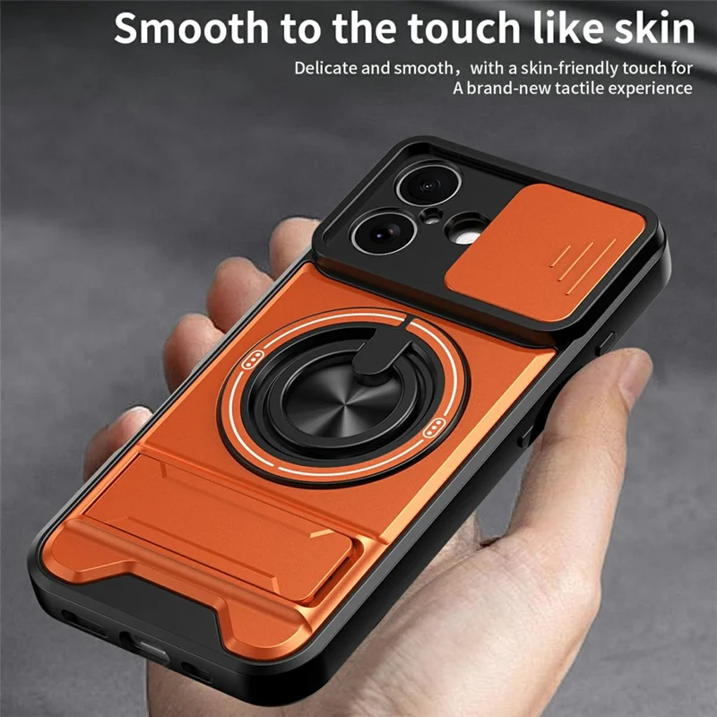 For iPhone 17 Case Compatible with MagSafe Ring Holder Foldable Kickstand TPU PC Phone Cover with Camera Lens Slider - Orange