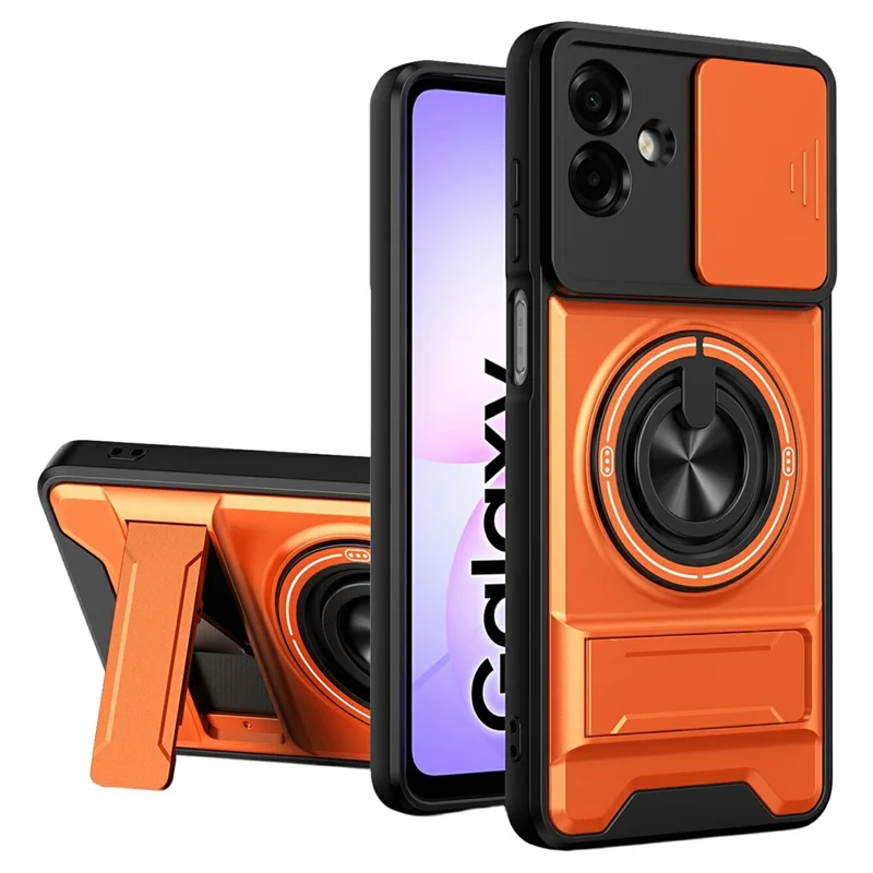 For Samsung Galaxy A07 5G / A07 4G Magnetic Case Ring Holder Foldable Kickstand TPU PC Phone Cover with Camera Lens Slider - Orange