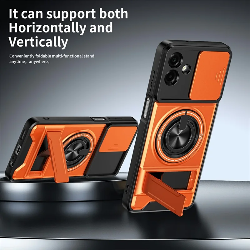 For Samsung Galaxy A07 5G / A07 4G Magnetic Case Ring Holder Foldable Kickstand TPU PC Phone Cover with Camera Lens Slider - Orange