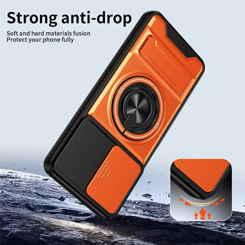 For Samsung Galaxy A07 5G / A07 4G Magnetic Case Ring Holder Foldable Kickstand TPU PC Phone Cover with Camera Lens Slider - Orange