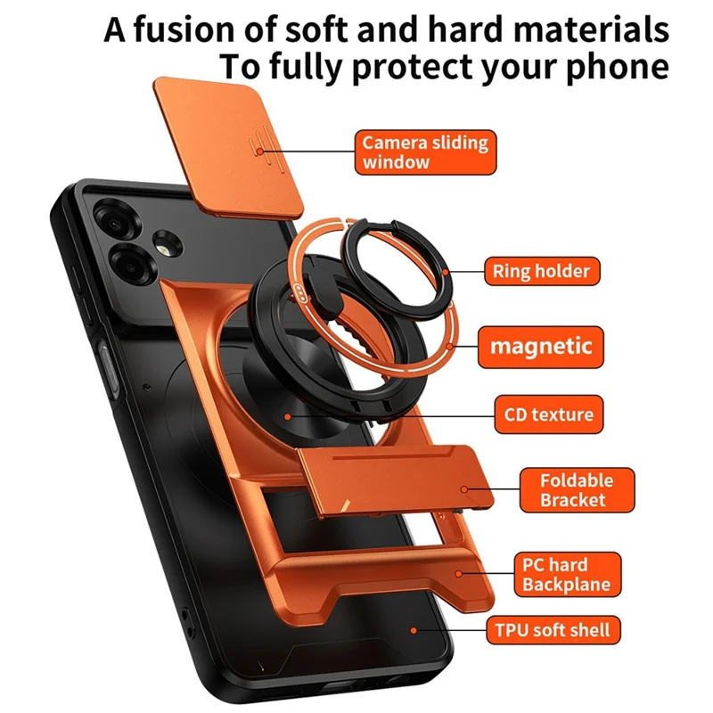 For Samsung Galaxy A07 5G / A07 4G Magnetic Case Ring Holder Foldable Kickstand TPU PC Phone Cover with Camera Lens Slider - Orange
