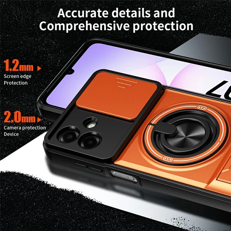 For Samsung Galaxy A07 5G / A07 4G Magnetic Case Ring Holder Foldable Kickstand TPU PC Phone Cover with Camera Lens Slider - Orange