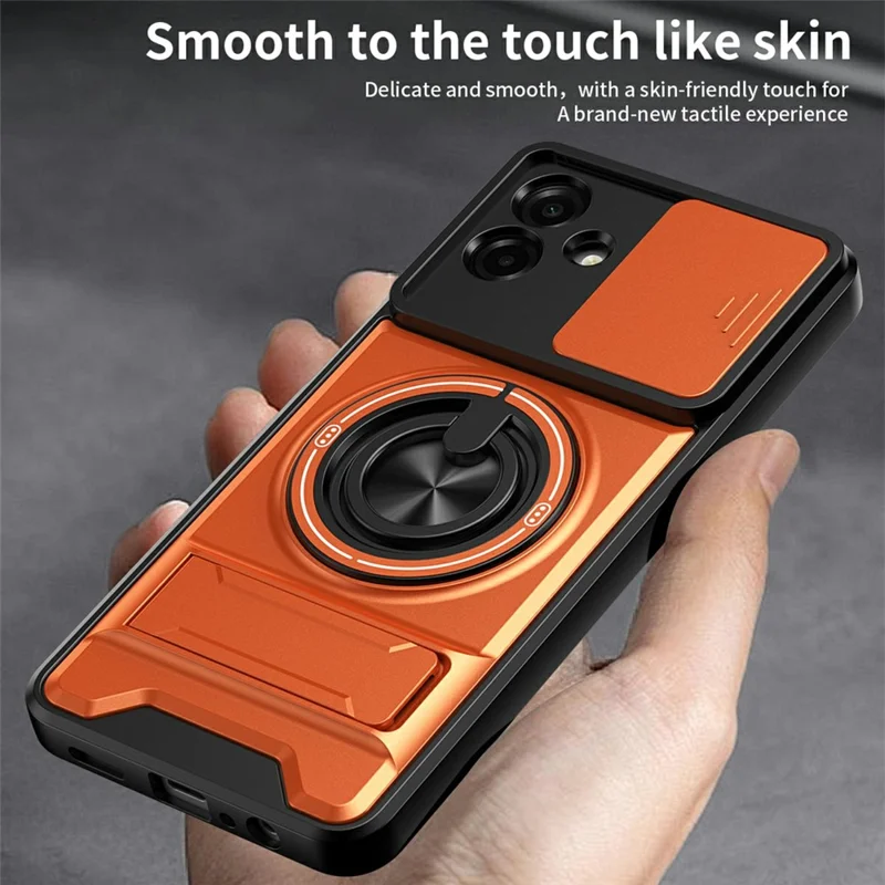 For Samsung Galaxy A07 5G / A07 4G Magnetic Case Ring Holder Foldable Kickstand TPU PC Phone Cover with Camera Lens Slider - Orange
