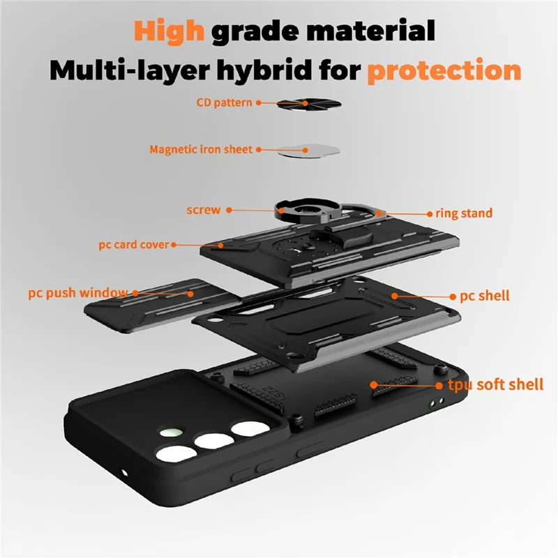 For Samsung Galaxy S25 FE Case PC + TPU Kickstand Phone Back Cover with Camera Slider - Black