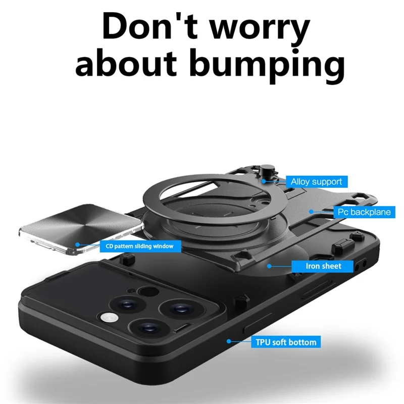 Custodia per iPhone 16 Pro Cover per Telefono in TPU + PC con Supporto, Finestra Scorrevole per Obiettivo - Nero