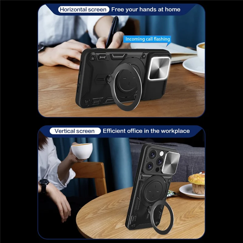 Custodia per iPhone 16 Pro Cover per Telefono in TPU + PC con Supporto, Finestra Scorrevole per Obiettivo - Nero