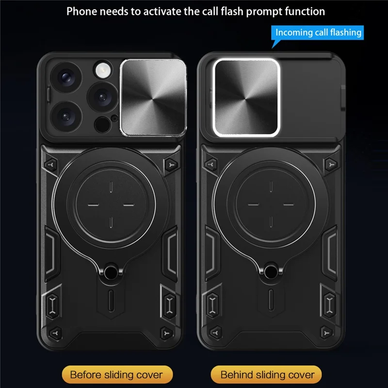 Custodia per iPhone 16 Pro Cover per Telefono in TPU + PC con Supporto, Finestra Scorrevole per Obiettivo - Nero