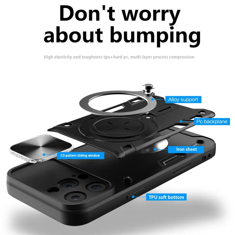 Capa para iPhone 16 Pro Max Capa para Telemóvel TPU + PC com Suporte, Janela Deslizante para Objectiva - Preto