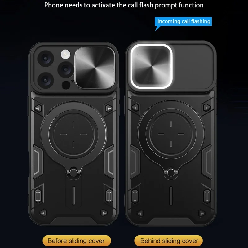 Capa para iPhone 16 Pro Max Capa para Telemóvel TPU + PC com Suporte, Janela Deslizante para Objectiva - Preto