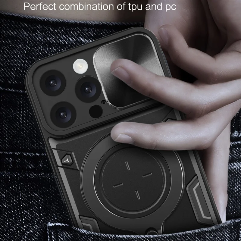 Capa para iPhone 16 Pro Max Capa para Telemóvel TPU + PC com Suporte, Janela Deslizante para Objectiva - Preto