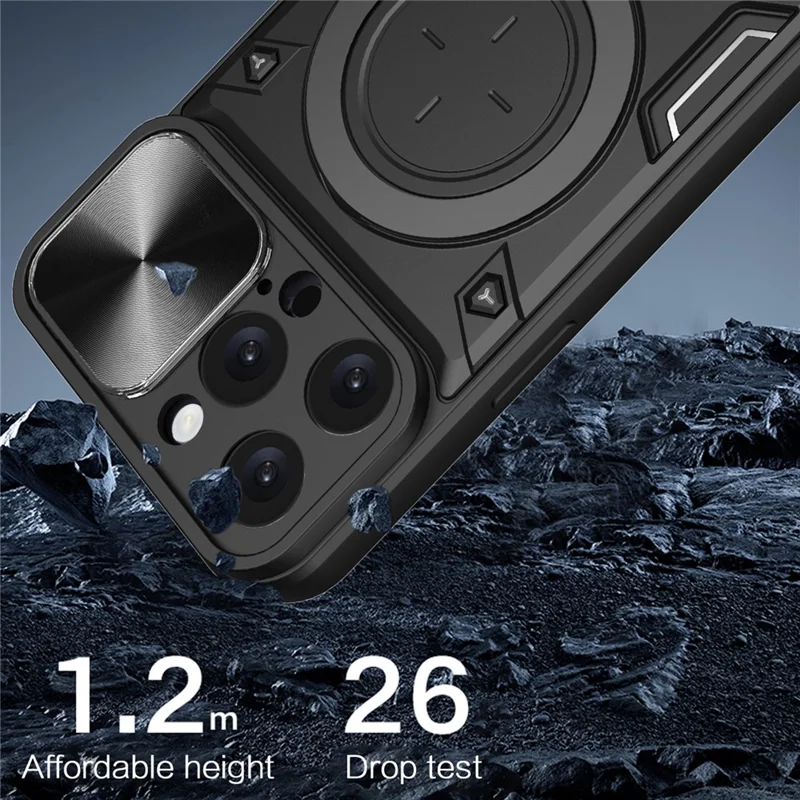 Capa para iPhone 16 Pro Max Capa para Telemóvel TPU + PC com Suporte, Janela Deslizante para Objectiva - Preto