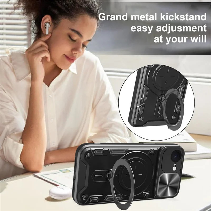 For iPhone 16e Case TPU + PC Phone Cover with Kickstand , Slide Lens Window - Black