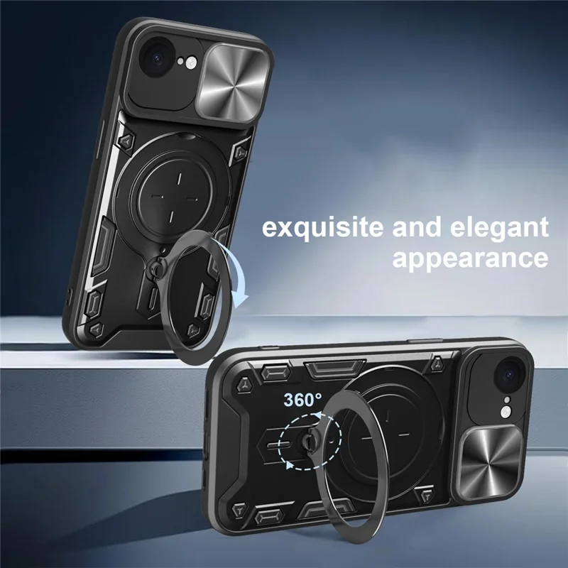 For iPhone 16e Case TPU + PC Phone Cover with Kickstand , Slide Lens Window - Black