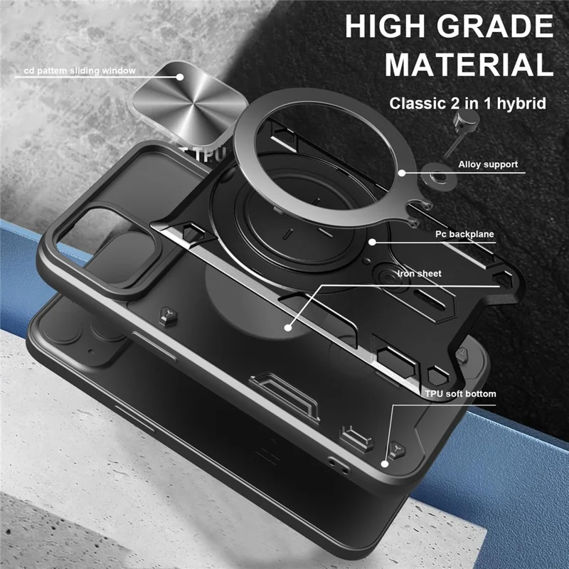 For iPhone 16e Case TPU + PC Phone Cover with Kickstand , Slide Lens Window - Black
