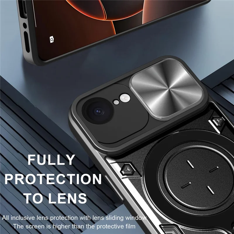 For iPhone 16e Case TPU + PC Phone Cover with Kickstand , Slide Lens Window - Black