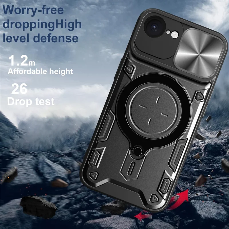 For iPhone 16e Case TPU + PC Phone Cover with Kickstand , Slide Lens Window - Black