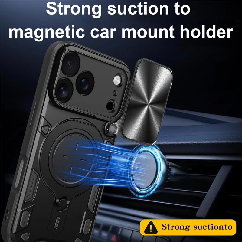 Für iPhone 17 Pro Hülle TPU + PC Handyhülle mit Ständer, verschiebbares Objektivfenster - Schwarz