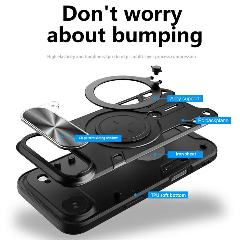 For iPhone Air Case TPU + PC Phone Cover with Kickstand , Slide Lens Window - Black