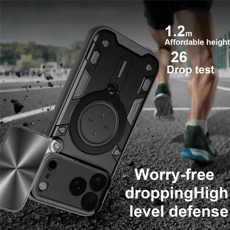 iPhone 17 Pro Max Hülle TPU + PC Handy-Schutzhülle mit Ständer, verschiebbares Objektivfenster - Schwarz