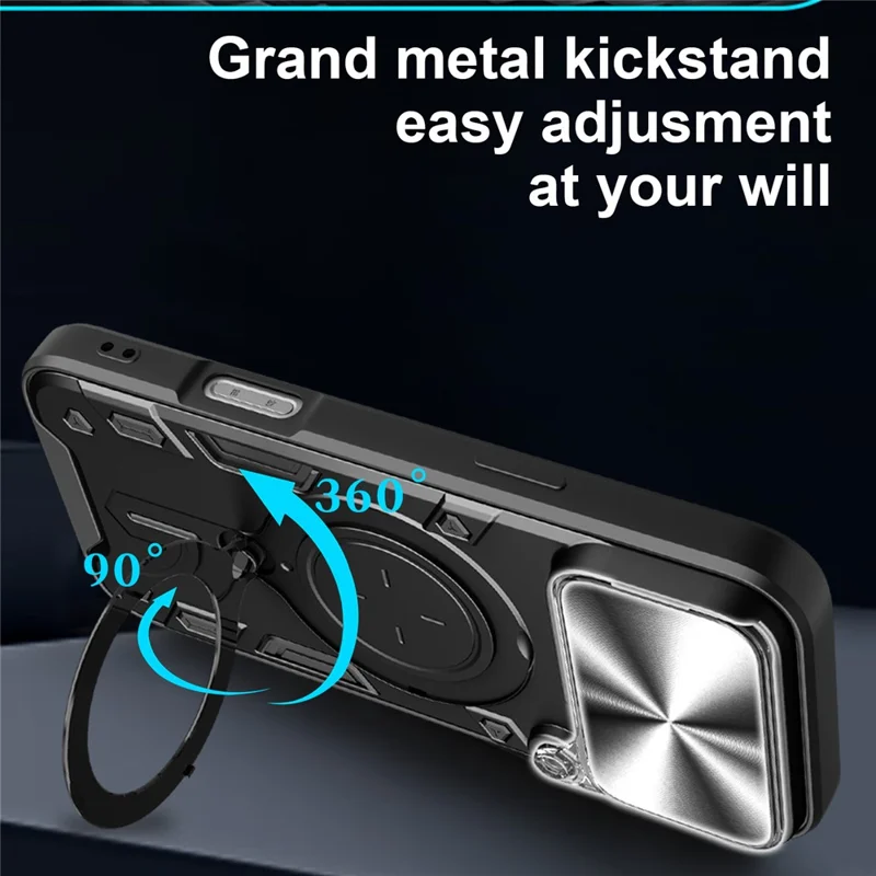 iPhone 17 Pro Max Hülle TPU + PC Handy-Schutzhülle mit Ständer, verschiebbares Objektivfenster - Schwarz