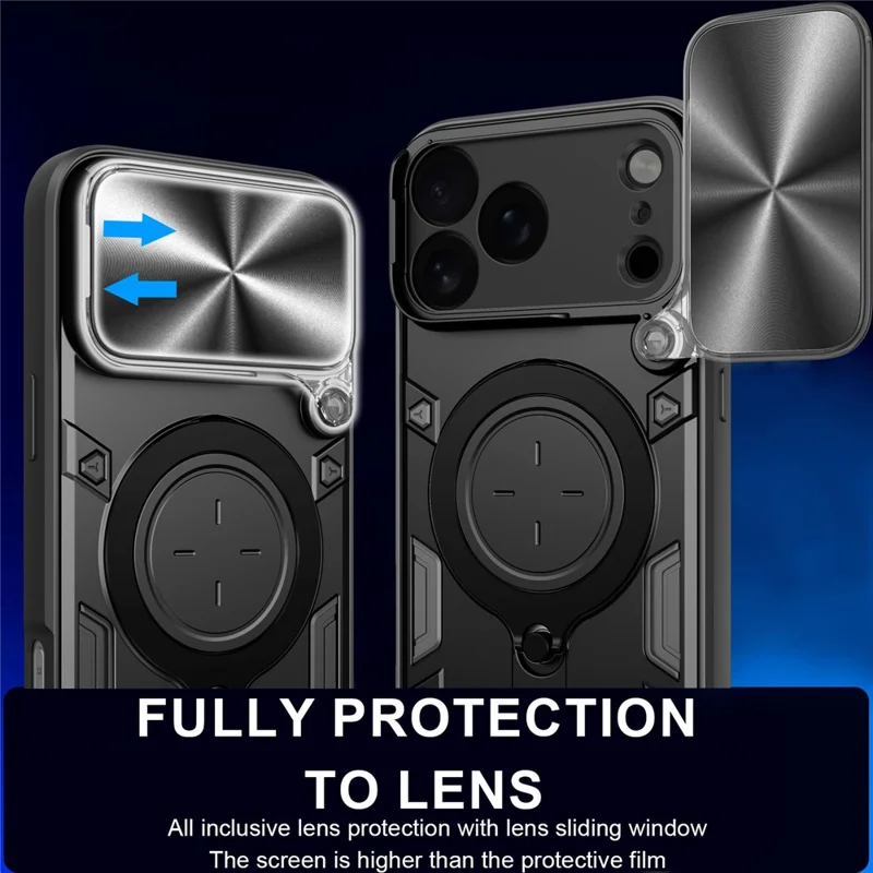 iPhone 17 Pro Max Hülle TPU + PC Handy-Schutzhülle mit Ständer, verschiebbares Objektivfenster - Schwarz