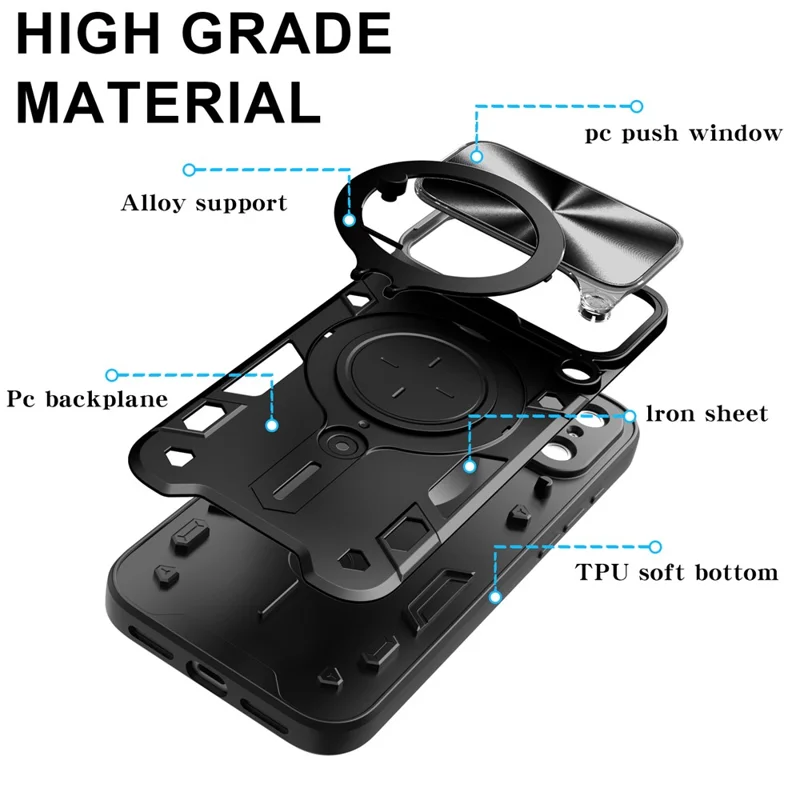 iPhone 17 Pro Max Hülle TPU + PC Handy-Schutzhülle mit Ständer, verschiebbares Objektivfenster - Schwarz