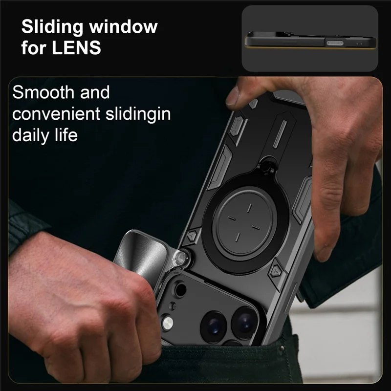 iPhone 17 Pro Max Hülle TPU + PC Handy-Schutzhülle mit Ständer, verschiebbares Objektivfenster - Schwarz
