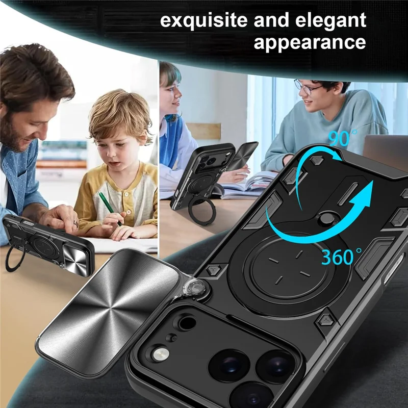 iPhone 17 Pro Max Hülle TPU + PC Handy-Schutzhülle mit Ständer, verschiebbares Objektivfenster - Schwarz