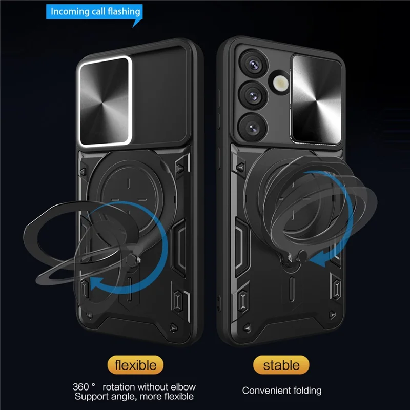 Für Samsung Galaxy S25 Hülle TPU + PC Handytasche mit Ständer, verschiebbares Objektivfenster - Schwarz