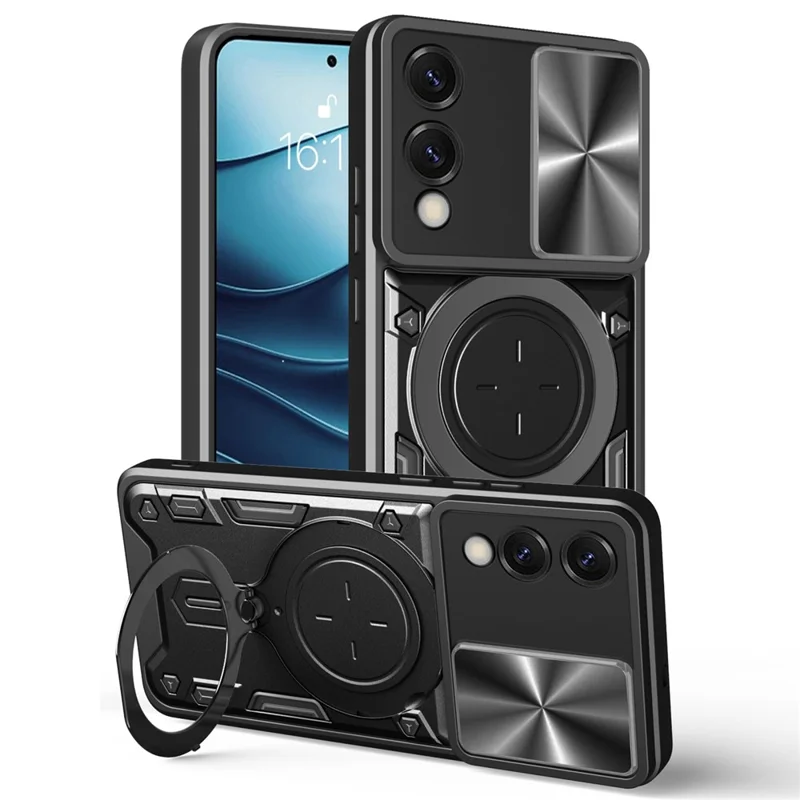For Samsung Galaxy S25 Edge Case TPU + PC Phone Cover with Kickstand , Slide Lens Window - Black