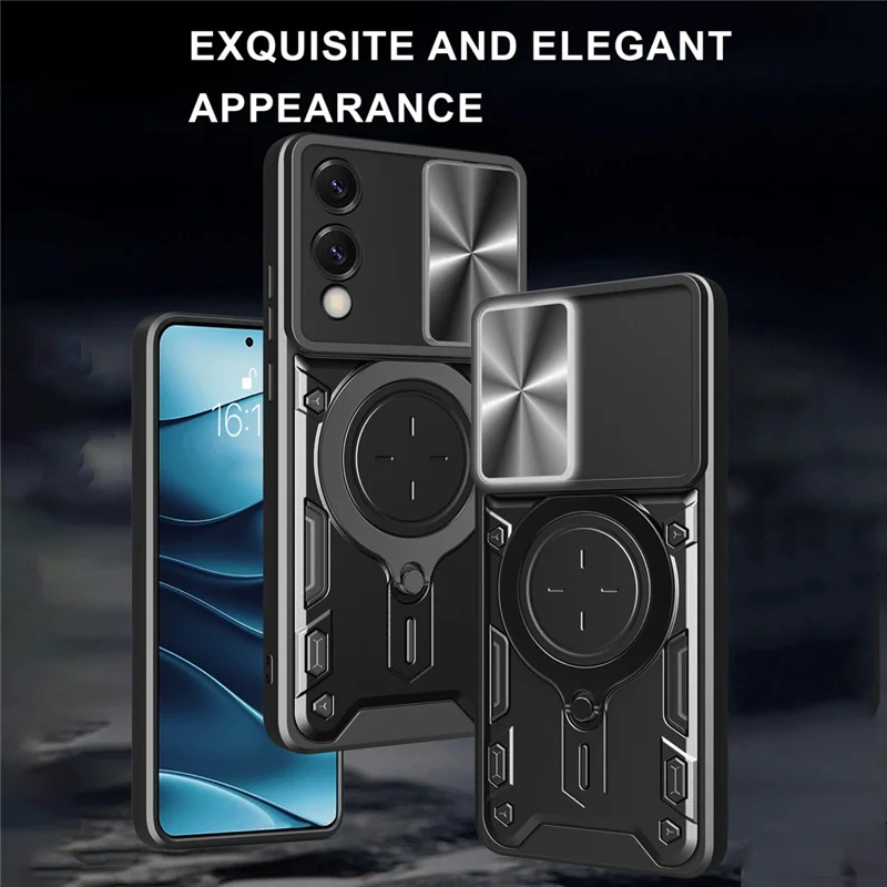 For Samsung Galaxy S25 Edge Case TPU + PC Phone Cover with Kickstand , Slide Lens Window - Black