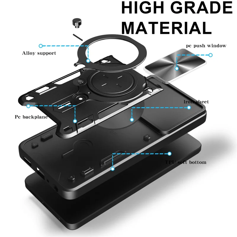 For Samsung Galaxy S25 Edge Case TPU + PC Phone Cover with Kickstand , Slide Lens Window - Black