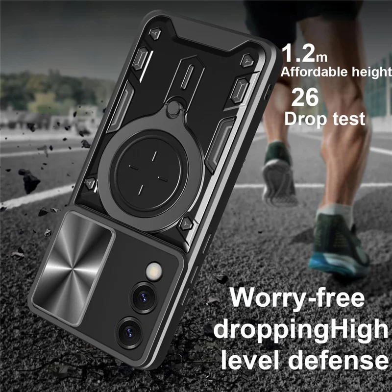 For Samsung Galaxy S25 Edge Case TPU + PC Phone Cover with Kickstand , Slide Lens Window - Black