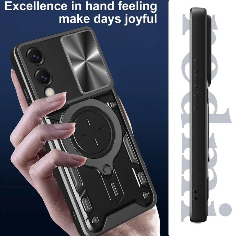 For Samsung Galaxy S25 Edge Case TPU + PC Phone Cover with Kickstand , Slide Lens Window - Black