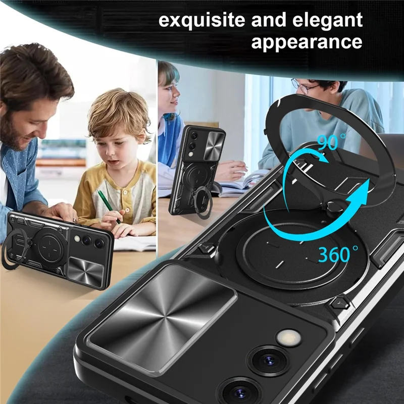 For Samsung Galaxy S25 Edge Case TPU + PC Phone Cover with Kickstand , Slide Lens Window - Black