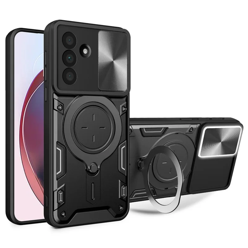 Cover per Samsung Galaxy A17 4G / A17 5G in TPU + PC con Supporto Magnetico, Kickstand Rotante e Finestra Scorrevole per Obiettivo - Nero