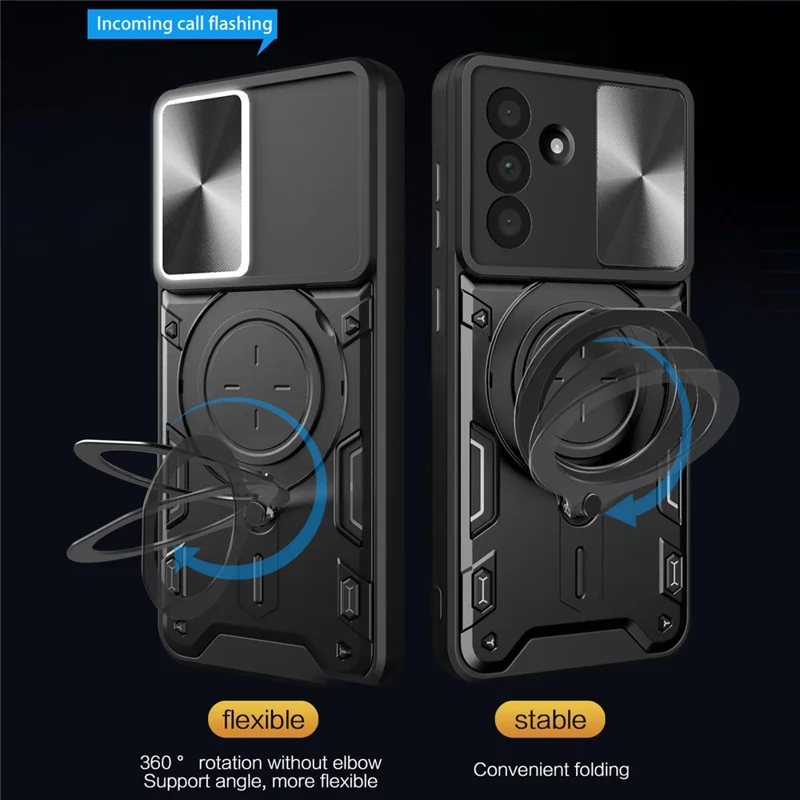 Cover per Samsung Galaxy A17 4G / A17 5G in TPU + PC con Supporto Magnetico, Kickstand Rotante e Finestra Scorrevole per Obiettivo - Nero