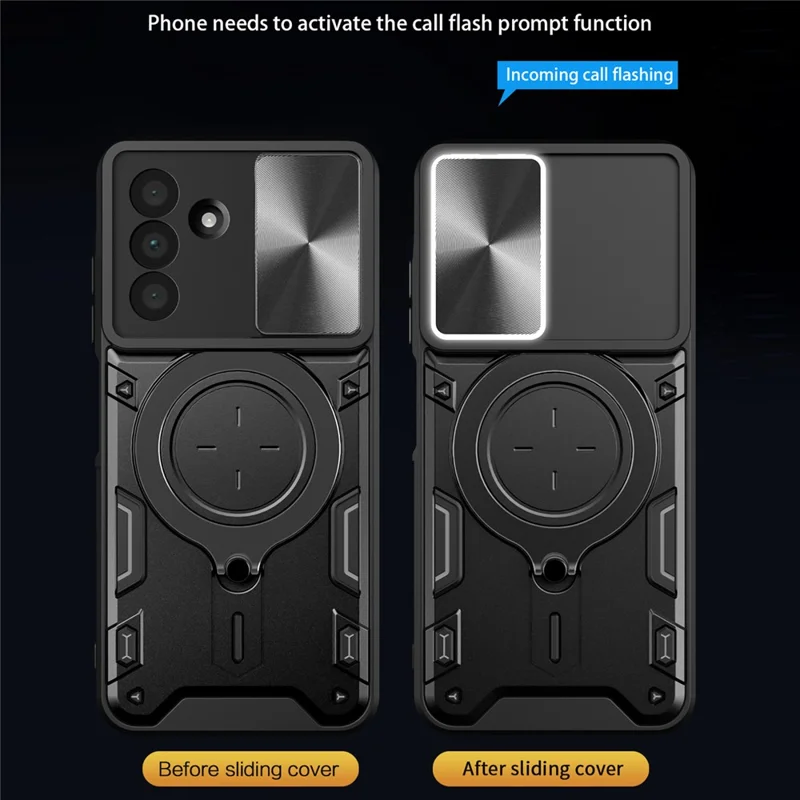 Cover per Samsung Galaxy A17 4G / A17 5G in TPU + PC con Supporto Magnetico, Kickstand Rotante e Finestra Scorrevole per Obiettivo - Nero