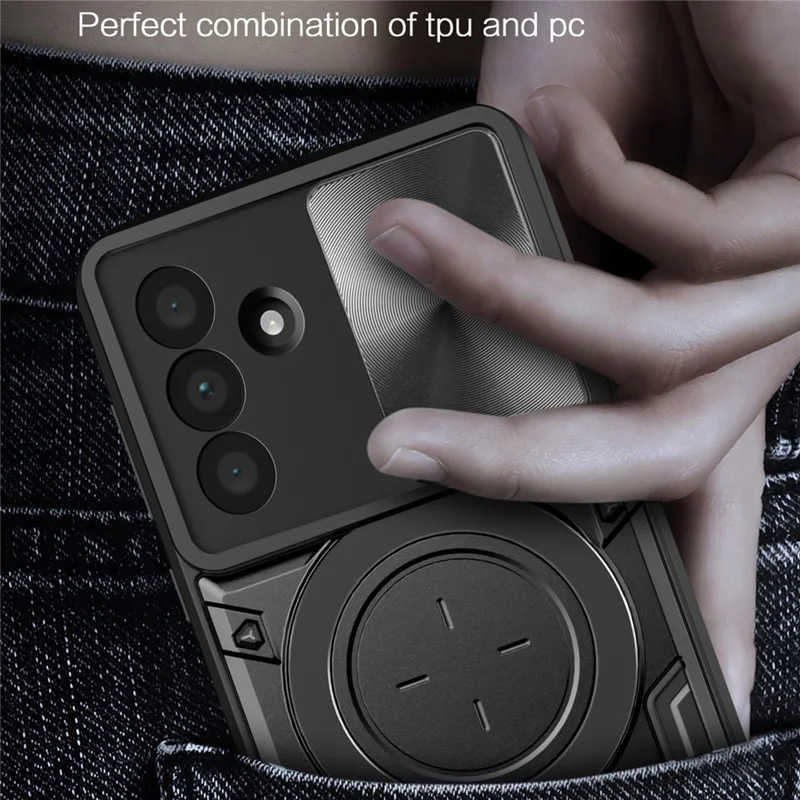 Cover per Samsung Galaxy A17 4G / A17 5G in TPU + PC con Supporto Magnetico, Kickstand Rotante e Finestra Scorrevole per Obiettivo - Nero