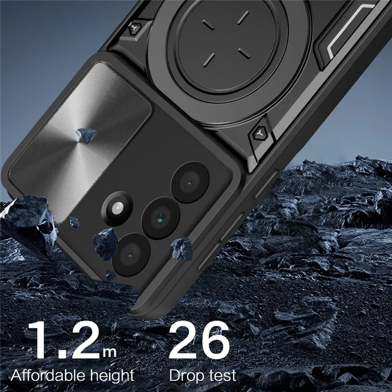 Cover per Samsung Galaxy A17 4G / A17 5G in TPU + PC con Supporto Magnetico, Kickstand Rotante e Finestra Scorrevole per Obiettivo - Nero