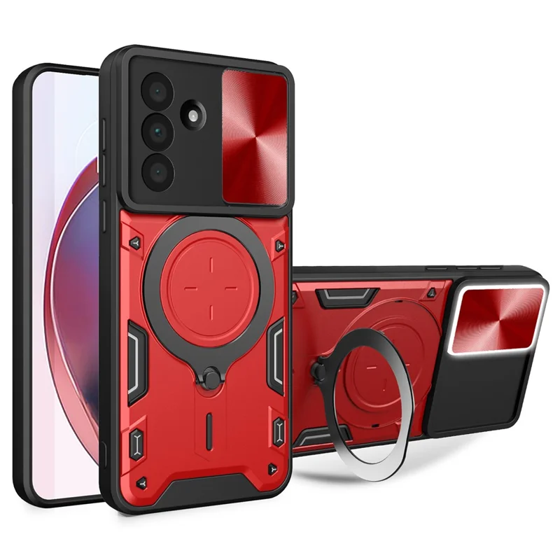 Étui pour Samsung Galaxy A17 4G / A17 5G, Coque TPU + PC avec Support Pivotant, Fenêtre Coulissante pour Objectif - Rouge