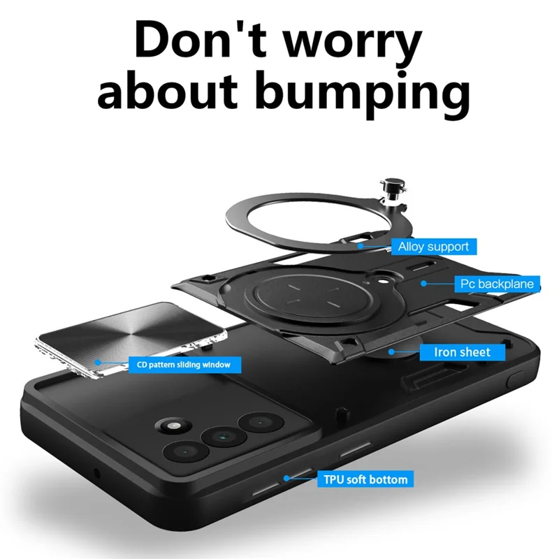 Samsung Galaxy A56 5G Hülle TPU + PC Handyhülle mit Ständer, verschiebbares Objektivfenster - Schwarz